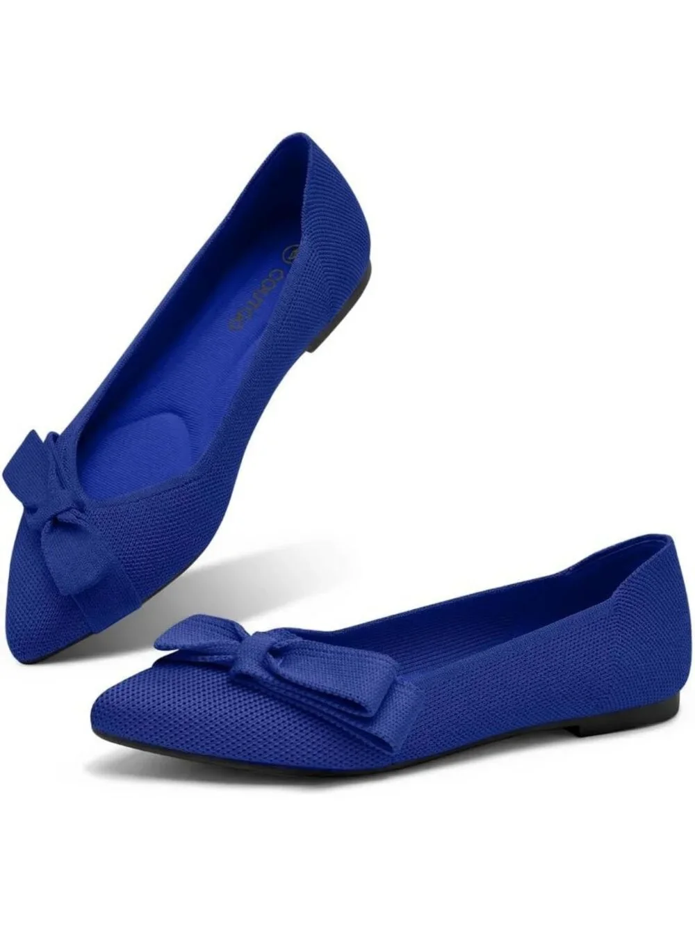 Coutgo Women's Navy Rubber Knit Bow Pointed Toe Flats Breathable Slip On Shoes